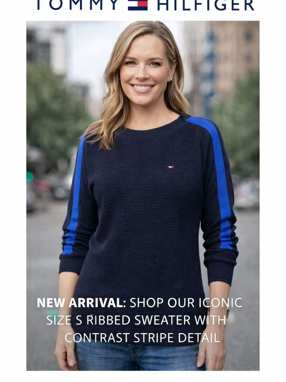 Tommy Hilfiger Navy Crewneck Sweater with Bright Blue Sleeve Stripes